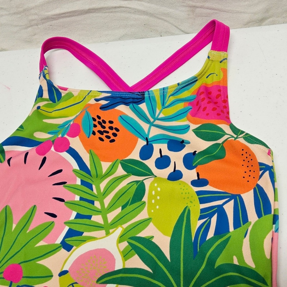 Boden One Piece Swimsuit Kids 8-9Y Multi-Color Tropical Fruit Criss-Cross Strap